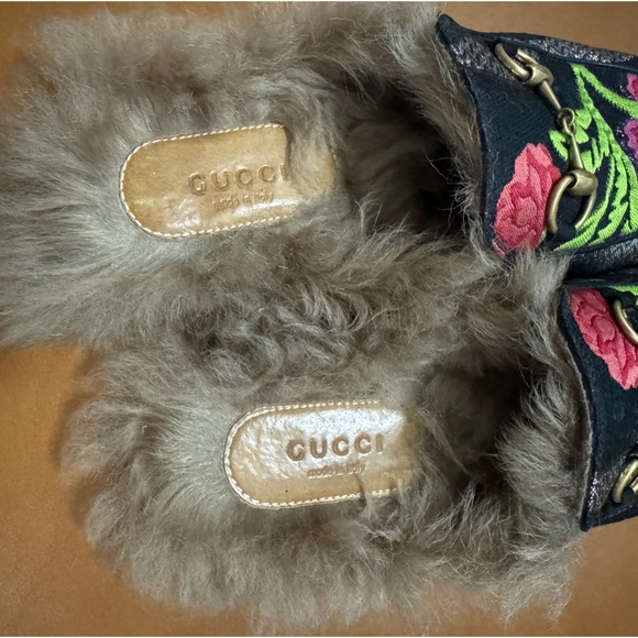 Authentic Gucci Tapestry Brocade Fur Floral Princetown Slides Mules - Picture 5 of 10
